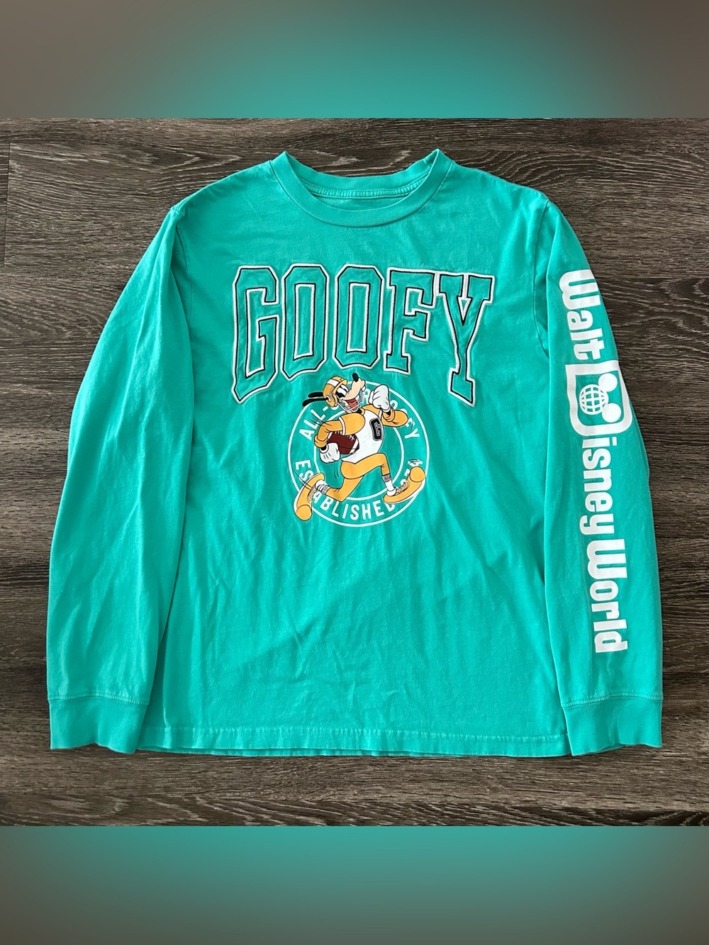 Walt Disney World Parks Men's Size M Teal Goofy Football Long Sleeve T Shirt
